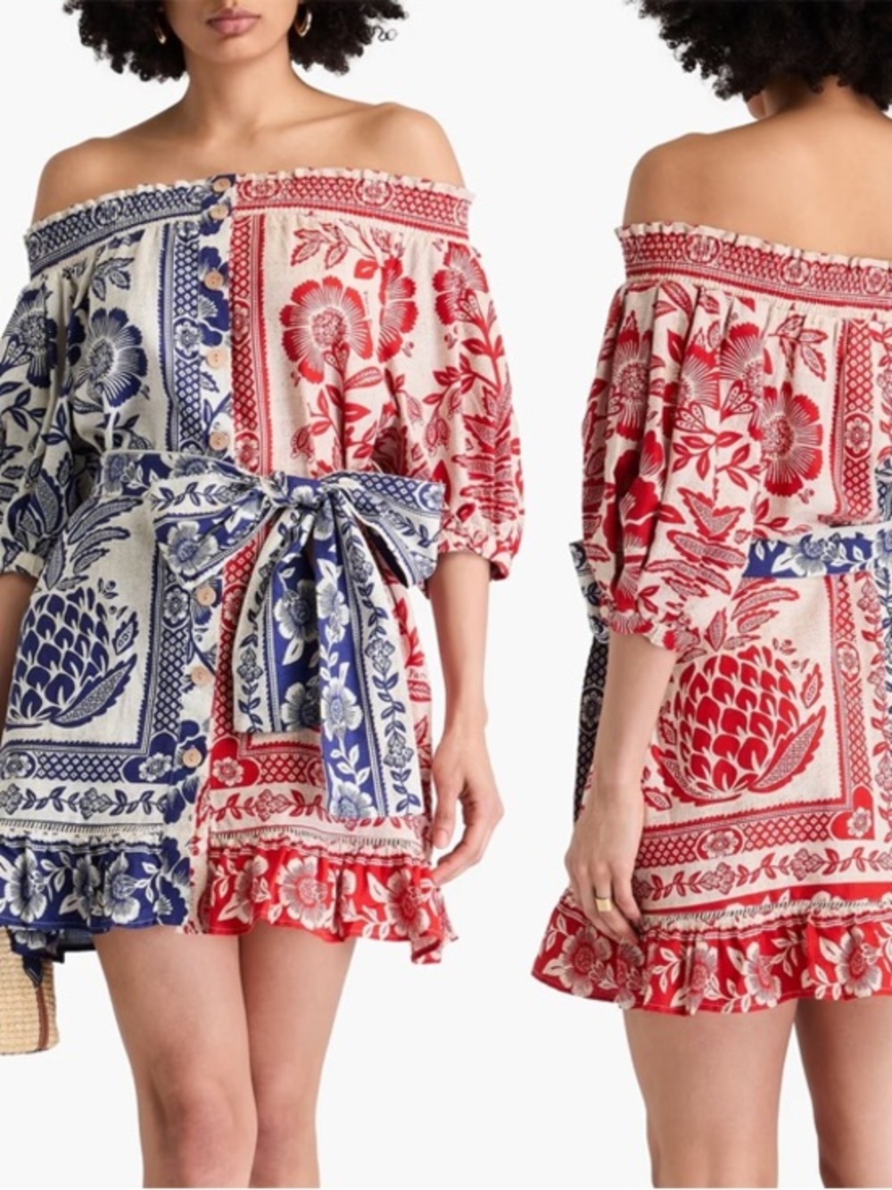Farm Rio Mixed Pineapple Garden Red Blue Floral V-neck Mini Dress L